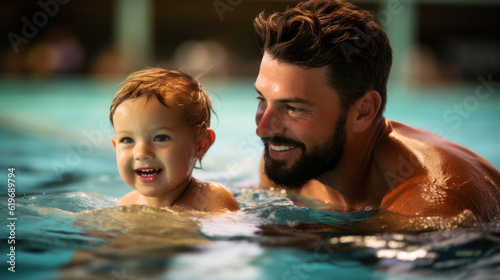 A joyful summer day, a father, brimming with pride, gently guides his gleeful son in his first swim in the sunlit pool. Generative AI
