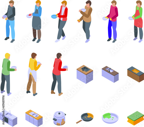 Man washing dishes icons set isometric vector. Home cleanup. Person tool