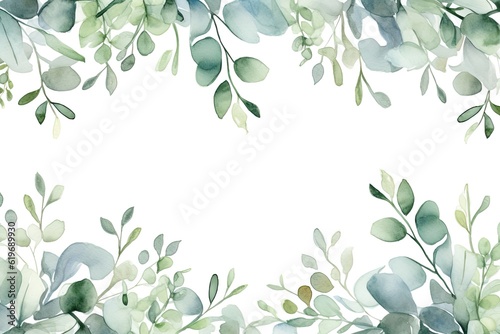 Watercolor Eucalyptus Leaves Frame ,Botanical Wedding Stationery