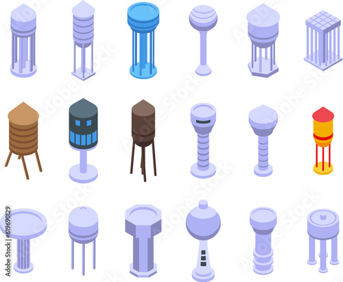 Water tower icons set isometric vector. Industrial tank. Tower plant photo
