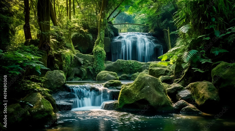 Forest with waterfall, cascading water into natural pool. Generative AI Forest with waterfall, cascading water into natural pool. Generative AI