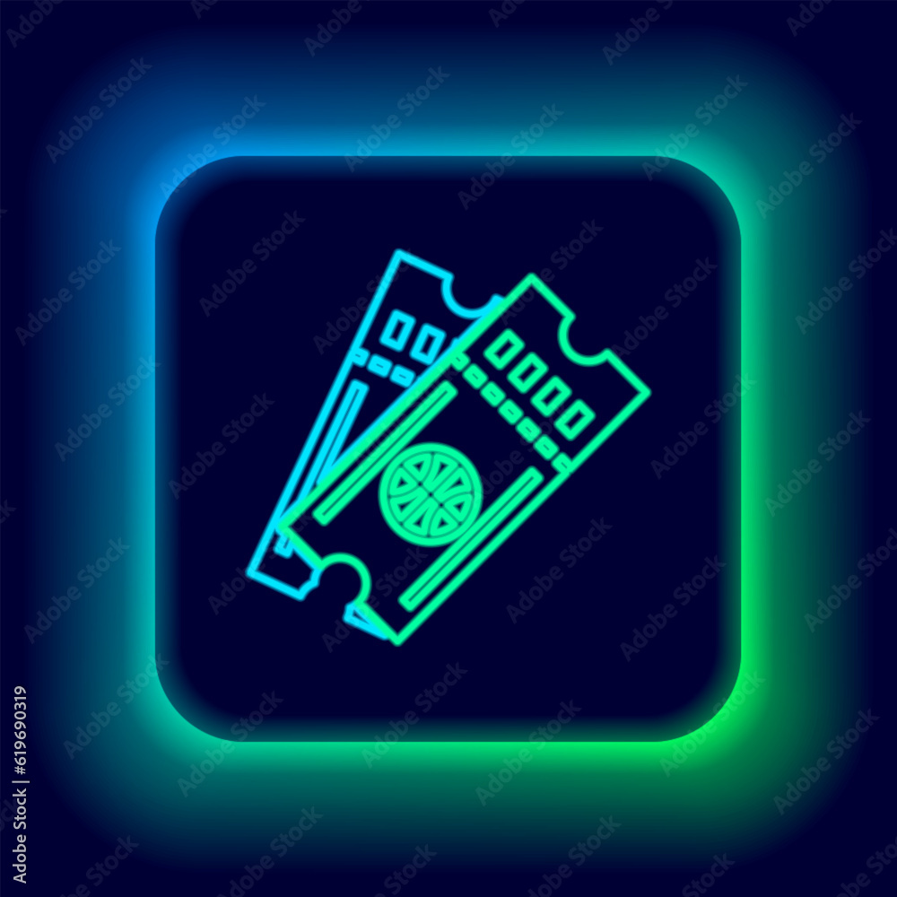 Glowing neon line Basketball game ticket icon isolated on black background. Colorful outline concept. Vector Glowing neon line Basketball game ticket icon isolated on black background. Colorful outline concept. Vector