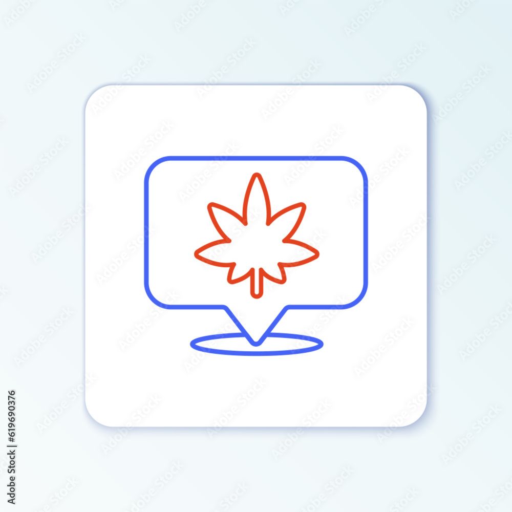 Line Map pointer and marijuana or cannabis leaf icon isolated on white background. Hemp symbol. Colorful outline concept. Vector Line Map pointer and marijuana or cannabis leaf icon isolated on white background. Hemp symbol. Colorful outline concept. Vector