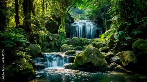 Forest with waterfall, cascading water into natural pool. Generative AI