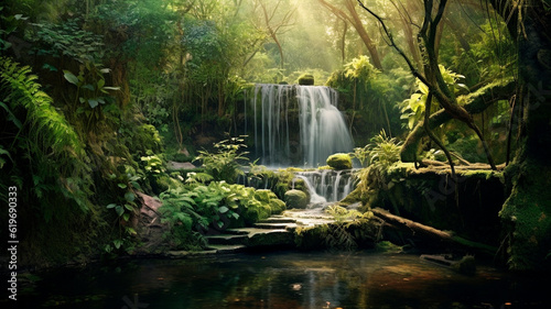 Forest with waterfall  cascading water into natural pool. Generative AI