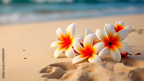 frangipani flowers on the sand. Generative AI