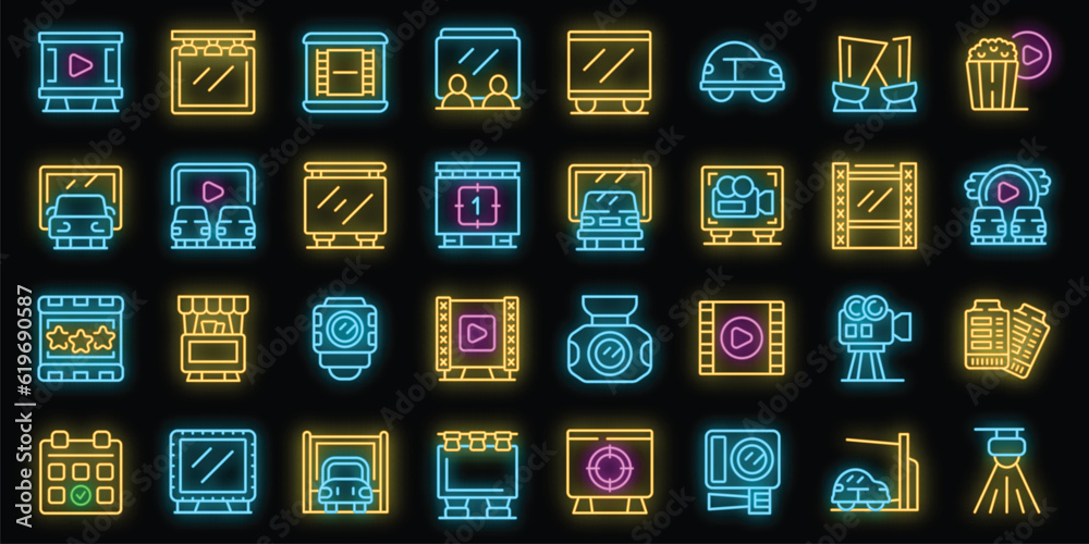 Cinema in the car icons set outline vector. Open air. Outdoor cinema neon color on black Cinema in the car icons set outline vector. Open air. Outdoor cinema neon color on black