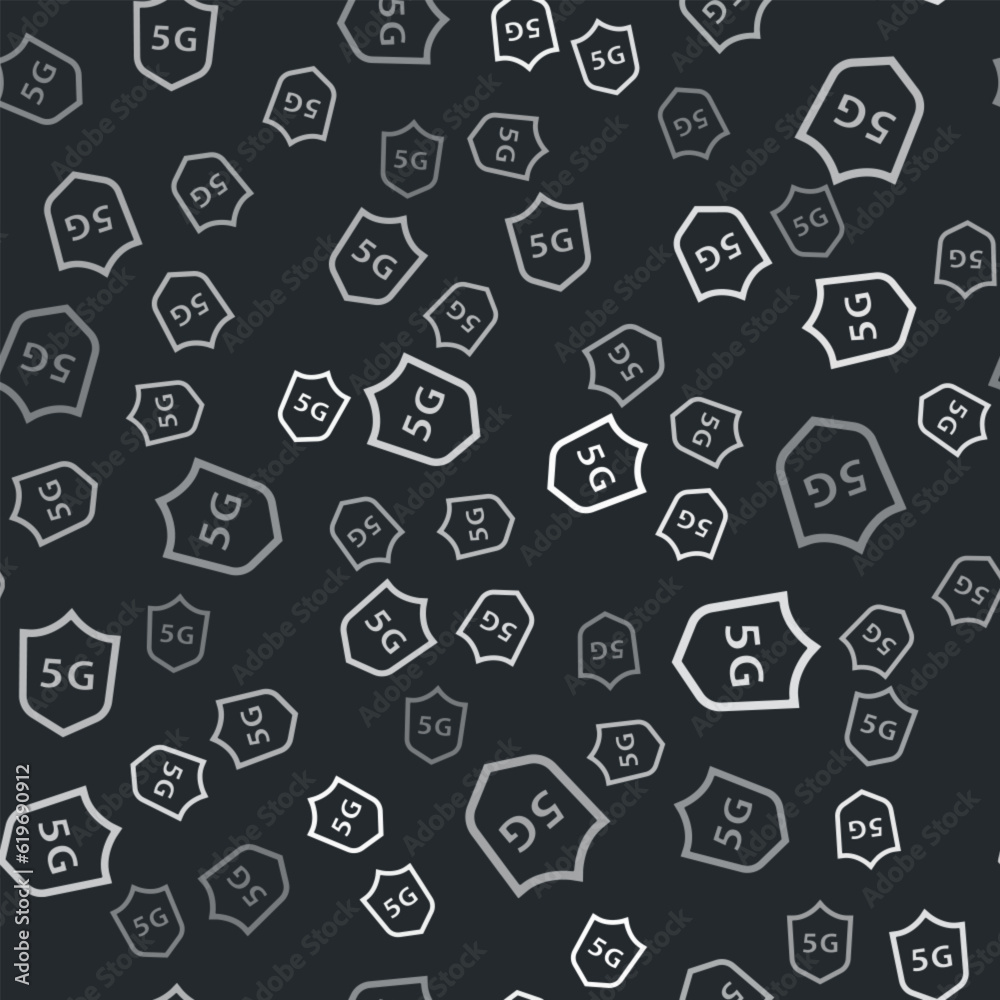 Grey Protective shield 5G wireless internet wifi icon isolated seamless pattern on black background. Global network high speed connection data rate technology. Vector Grey Protective shield 5G wireless internet wifi icon isolated seamless pattern on black background. Global network high speed connection data rate technology. Vector