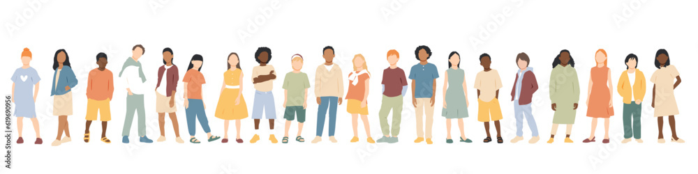 Children of different ethnicities stand side by side together. Flat vector illustration.