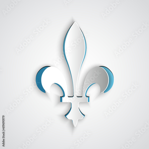 Paper cut Fleur De Lys icon isolated on grey background. Paper art style. Vector