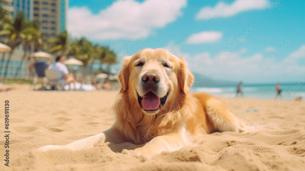 Golden Retriever dog is on summer vacation at seaside resort and relaxing rest on summer beach of Hawaii. Generative AI Golden Retriever dog is on summer vacation at seaside resort and relaxing rest on summer beach of Hawaii. Generative AI