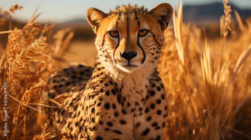Obraz premium cheetah in serengeti national park, close up of cheetah in savanna plains, generative ai