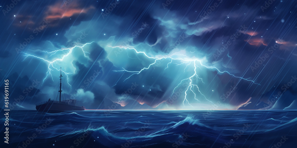 Bright lightning in a raging sea. A strong storm in the ocean. Big waves. Night thunderstorm. Dark tones. The power of raging nature. Raster illustration Bright lightning in a raging sea. A strong storm in the ocean. Big waves. Night thunderstorm. Dark tones. The power of raging nature. Raster illustration