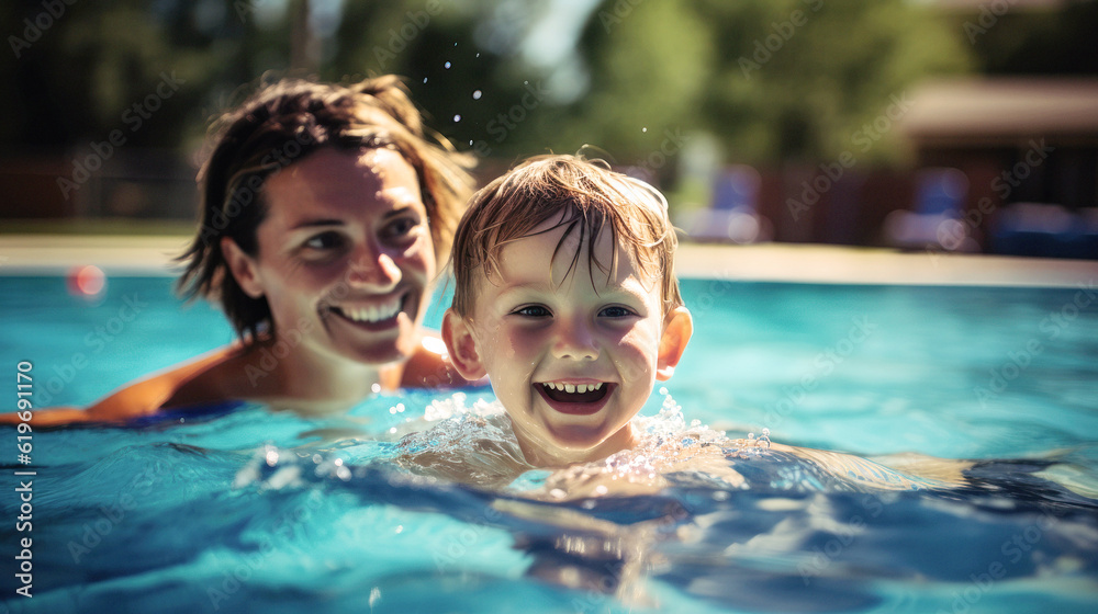Summer joy fills the pool, a radiant mother guides her gleeful son, taking his first strokes. Their laughter rings, echoing warmth and love. Generative AI