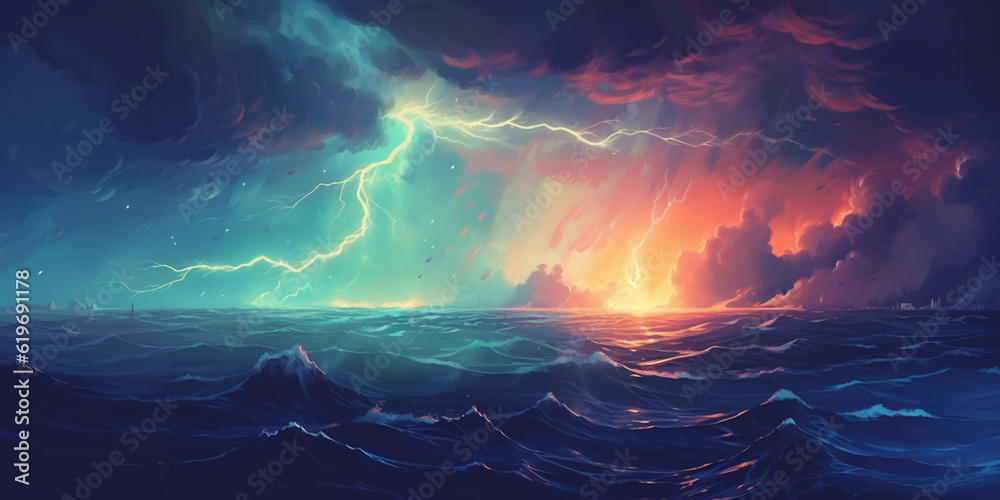 Bright lightning in a raging sea. A strong storm in the ocean. Big waves. Night thunderstorm. Dark tones. The power of raging nature. Raster illustration