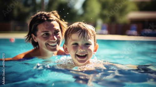 Summer joy fills the pool, a radiant mother guides her gleeful son, taking his first strokes. Their laughter rings, echoing warmth and love. Generative AI © neo