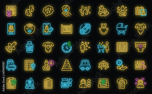 Night babysitting icons set outline vector. Baby service. Book bed neon color on black