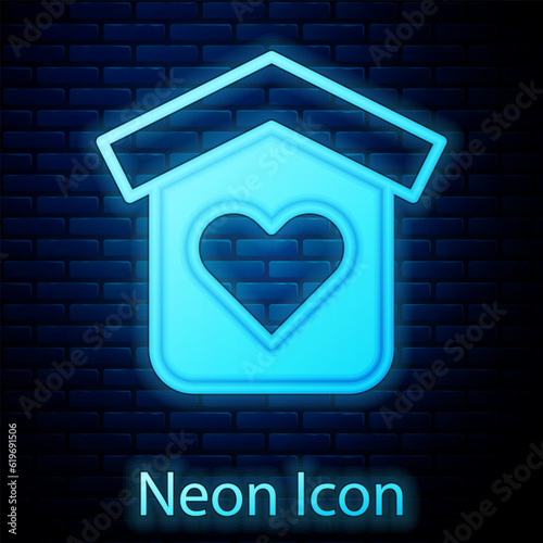 Glowing neon Shelter for homeless icon isolated on brick wall background. Emergency housing, temporary residence for people, bums and beggars without home. Vector