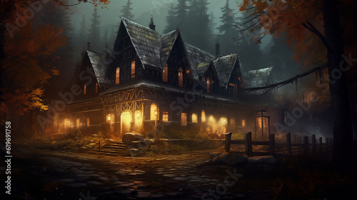 Old house with glowing windows in dark forest, generative ai © TheGoldTiger