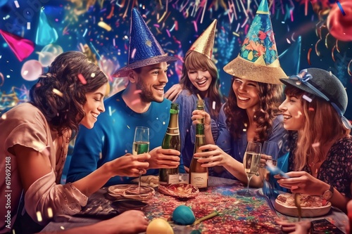 Friends or family celebrating New Year's Eve with champagne, confetti and party hats