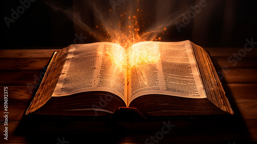 Holy Bible with light emitting from it. Generative AI