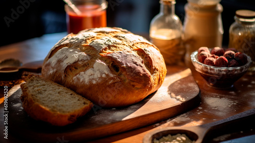 Homemade baked bread on kitchen table. Freshly breakfast bakery food. Generative AI