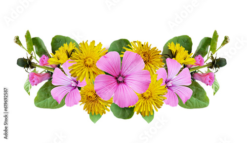 Floral arrangement with field bindweed flowers and yellow dandelions isolated on white or transparent background