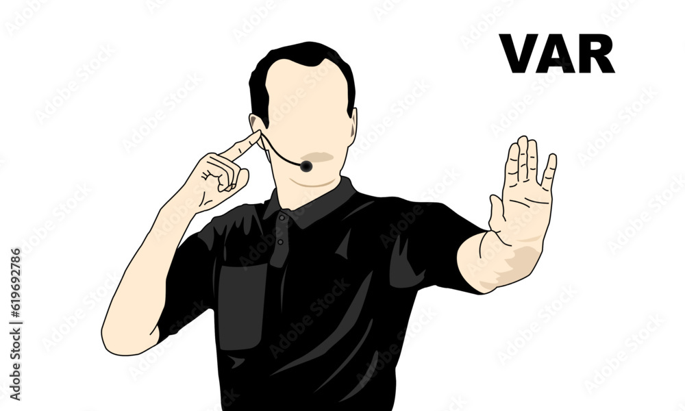 football referee raise hand stop player and hear VAR - Video Assistant Referee
 - obrazy, fototapety, plakaty 
