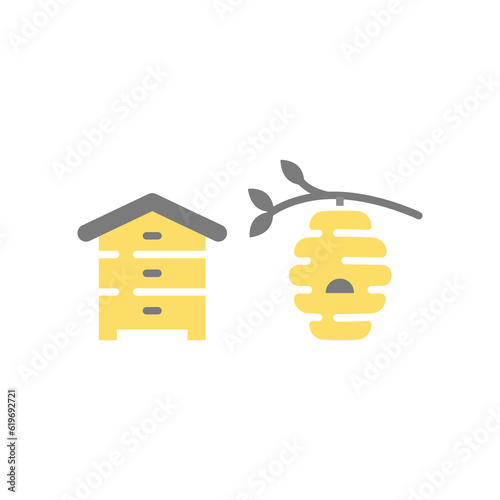 Beehive, wild and manmade colorful vector icon set. Bee hive, hives filled icons.
