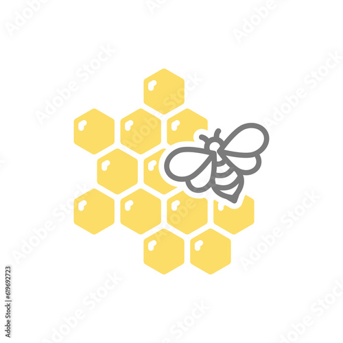Honeycomb and bee colorful vector icon. Hexagon honey cell or comb and honeybee symbol.