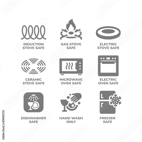 Electric, gas and induction stove safe icon set. Dishwasher, microwave, electric safe labels for pots, pans and dishes.
