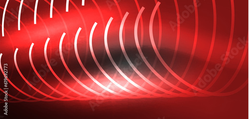 Neon laser lines, circles waves abstract background. Neon light or laser show, electric impulse, power lines, techno quantum energy impulse, magic glowing dynamic lines