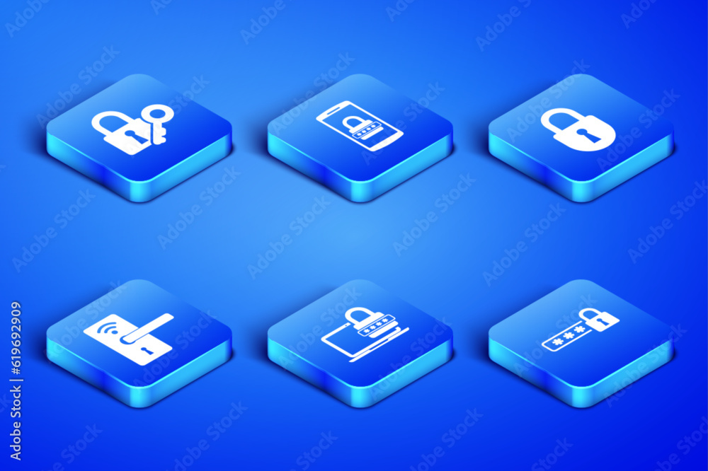 Set Password protection, Lock and key, Laptop with password, Digital door lock wireless, Mobile and icon. Vector