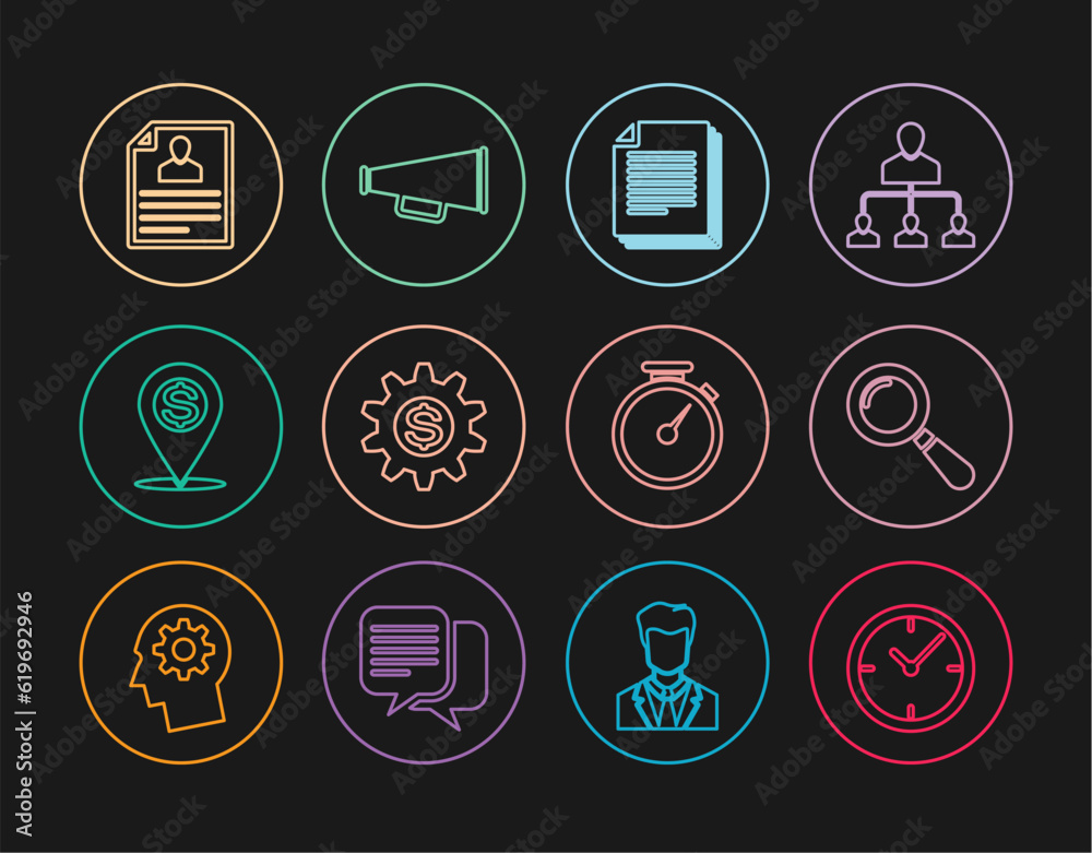 Set line Clock, Magnifying glass, Document, Gear with dollar symbol, Cash location pin, Resume, Stopwatch and Megaphone icon. Vector Set line Clock, Magnifying glass, Document, Gear with dollar symbol, Cash location pin, Resume, Stopwatch and Megaphone icon. Vector