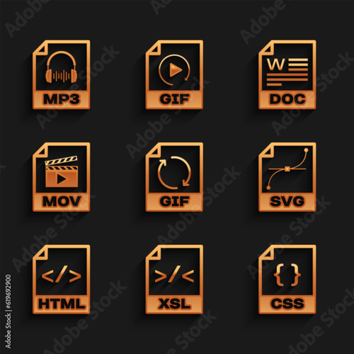 Set GIF file document, XSL, CSS, SVG, HTML and MOV icon. Vector