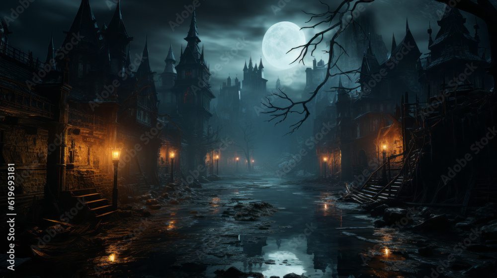 night in the forest, abandon dark castle at night, genrative ai
