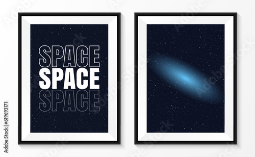 Outerspace photo print with frames. Abstract wall arts. Poster template set. Home decoration pictures. Vector illustration.