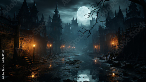night in the forest  abandon dark castle at night  genrative ai