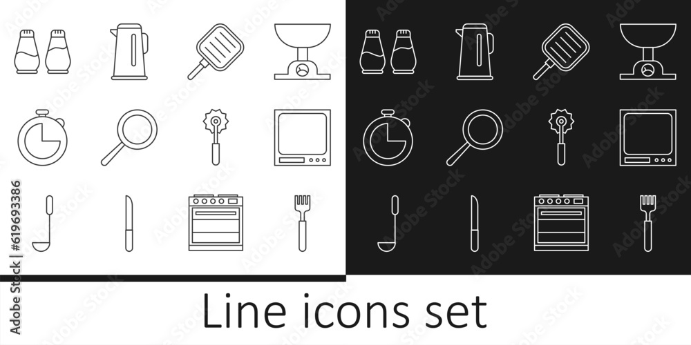 Set line Fork, Electronic scales, Frying pan, Kitchen timer, Salt and pepper, Pizza knife and Kettle with handle icon. Vector Set line Fork, Electronic scales, Frying pan, Kitchen timer, Salt and pepper, Pizza knife and Kettle with handle icon. Vector