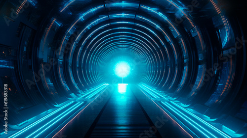 illustration, tunnel futuristic with digital virtual database, website header. Generative AI