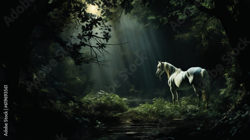 horses in the woods  horses in dark forest  generative ai