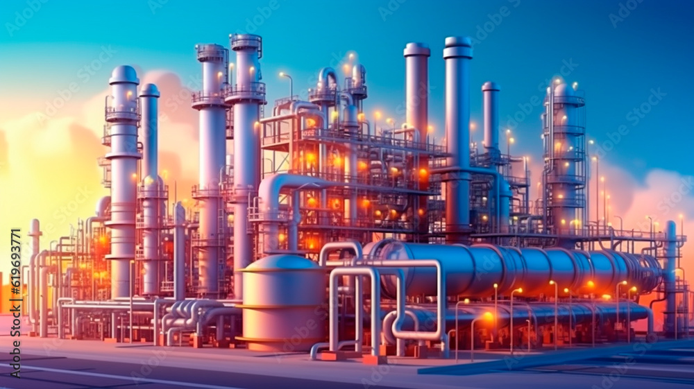 Obraz premium Industry pipeline transport petrochemical, gas and oil processing, furnace factory line, rack of heat chemical manufacturing. Generative AI