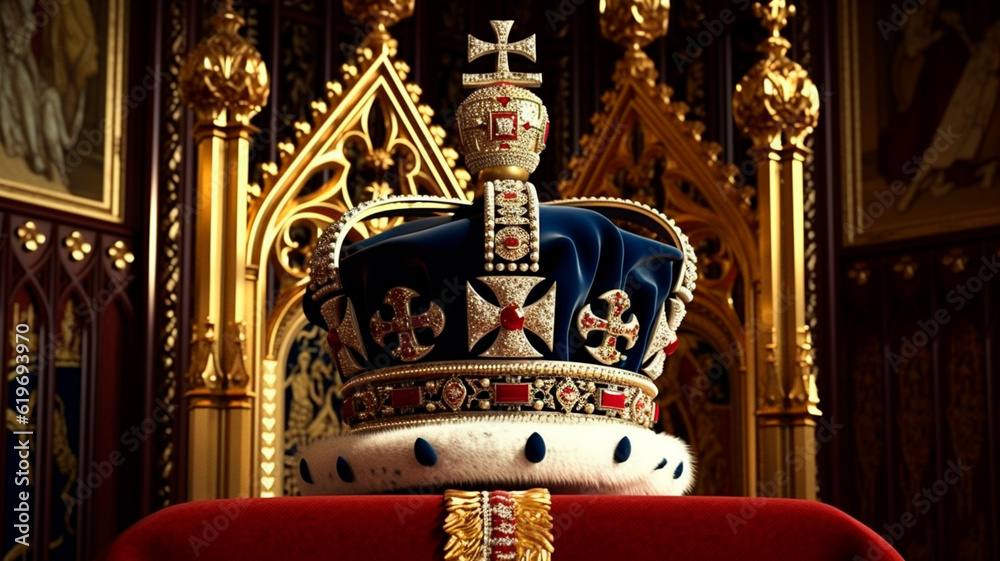 king charles, england king, British flag and crown, illustration of Crown Jewels of the United Kingdom. Ceremony of crowning the king Charles III. Generative AI - obrazy, fototapety, plakaty 