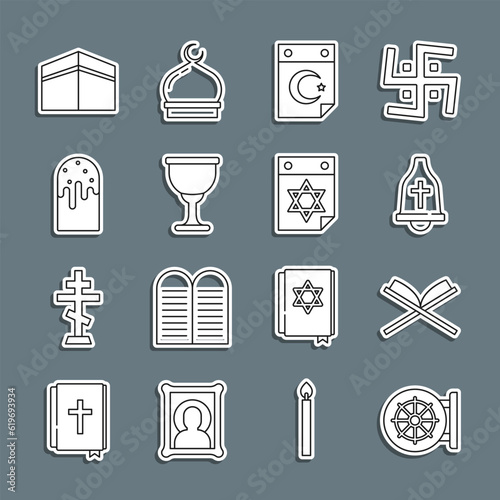 Set line Dharma wheel, Holy book of Koran, Church bell, Star and crescent, grail chalice, Easter cake, Kaaba mosque and Jewish calendar icon. Vector