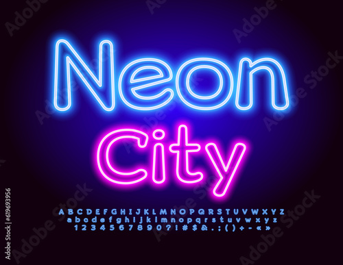 Vector bright Sign Neon City. Funny Blue Font. Modern Glowing Alphabet Letters and Numbers
