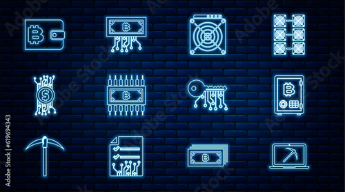 Set line Mining with laptop and pickaxe, Proof of stake, ASIC Miner, Cryptocurrency bitcoin circuit, wallet, key and icon. Vector