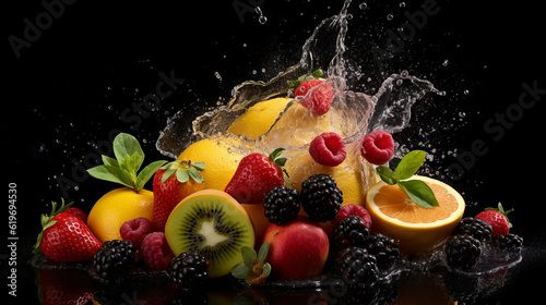 fruit in water splash  fresh fruit plate  generative ai
