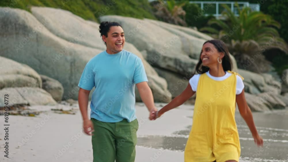 Running, beach and couple happy together and holding hands on an outdoor holiday or vacation for an adventure . Tropical, travel and people with freedom bonding and excited for quality time or date