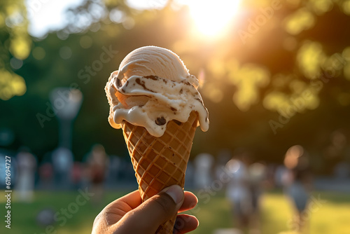 Close-up hand holding ice cream waffle cone on summer light nature background