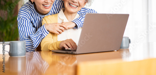 ノートパソコンでビデオ通話をしている日本人女性２人